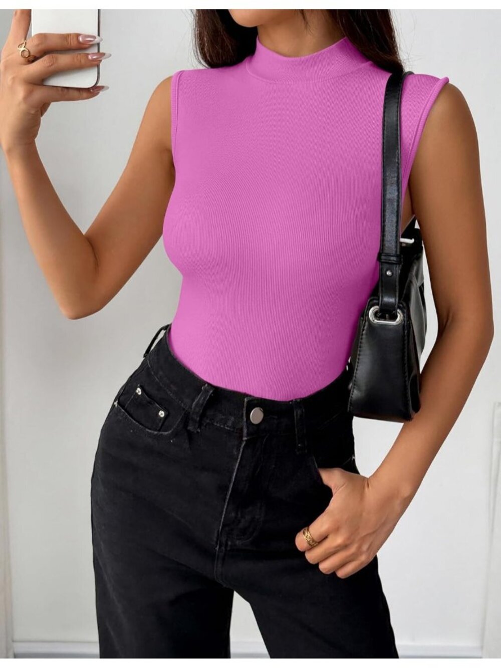 Women's Hot Pink Ribbed Mock Neck Tank Top Slim Fit Sleeveless - Picture 5 of 5
